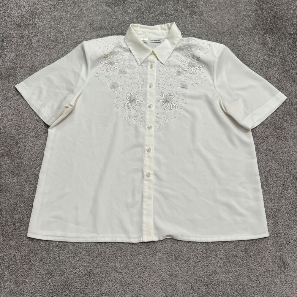 Vintage Liz Baker Essentials Embroidered Beaded Button Down Shirt Women 16 White